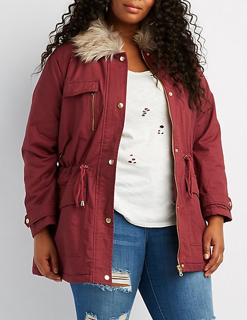 Fur Hood Jacket In Plus Size