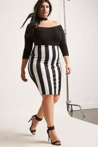 Plus Size Black And White Striped Pencil Skirt