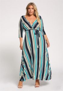 Stripe Plus Size Long Wrap Dress